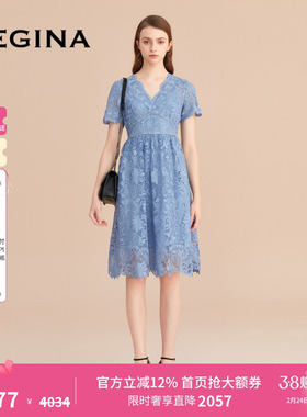 【蕾丝】GEGINA吉吉娜新款蓝色V领连衣裙女中长款高腰绣花裙