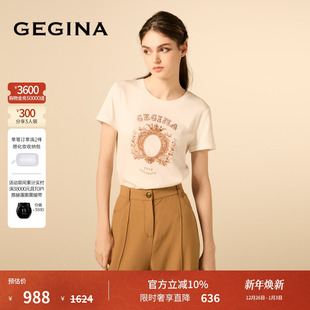 百搭上衣 复古印花T恤女纯棉圆领短袖 GEGINA吉吉娜女装 新品