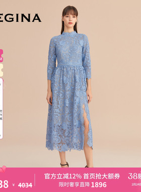 【蕾丝】GEGINA吉吉娜新款蓝色绣花蕾丝连衣裙女气质中长款女裙子