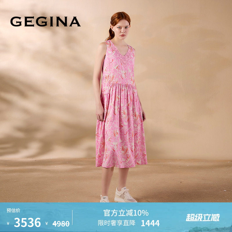 GEGINA吉吉娜春夏季新品纯棉印花无袖连衣裙仙气浪漫吊带裙子
