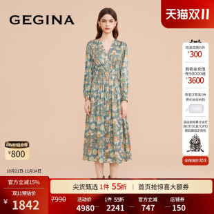 松紧收腰连衣裙女中长款 GEGINA吉吉娜新款 真丝印花裙子 桑蚕丝