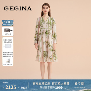 GEGINA吉吉娜商场同款长袖V领连衣裙中长款印花气质高级感裙子女