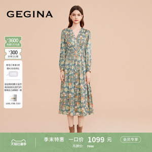 【桑蚕丝】GEGINA吉吉娜新款松紧收腰连衣裙女中长款真丝印花裙子
