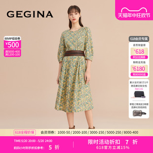 GEGINA吉吉娜新品 碎花连衣裙女中长款 100%棉 纯棉印花褶皱长裙