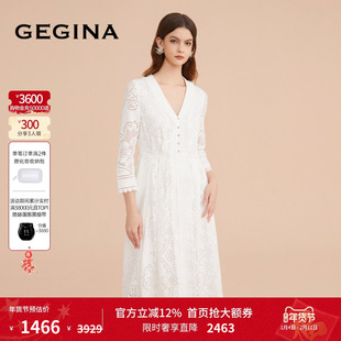 【蕾丝】GEGINA吉吉娜女装九分袖纯棉连衣裙V领蕾丝拼接高端裙子