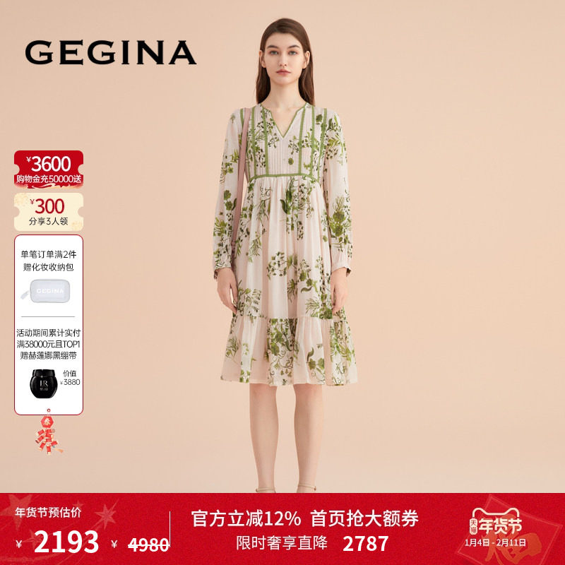 GEGINA吉吉娜商场同款长袖V领连衣裙中长款印花气质高级感裙子女
