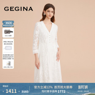 【蕾丝】GEGINA吉吉娜女装九分袖纯棉连衣裙V领蕾丝拼接高端裙子