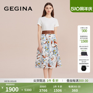 中长裙子 GEGINA吉吉娜纯棉拼接印花连衣裙女士高腰短袖 100%棉