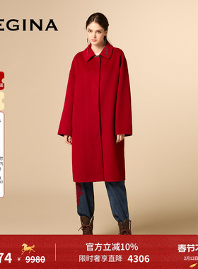 GEGINA吉吉娜红色桑蚕丝混纺毛呢外套保暖加厚气质大衣商场同款