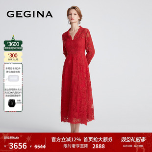 GEGINA吉吉娜红色镂空蕾丝连衣裙长袖 V领高端气质长裙商场同款