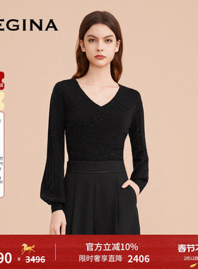 GEGINA吉吉娜女装新款绵羊毛混纺V领短款毛针织衫黑色百搭上衣女
