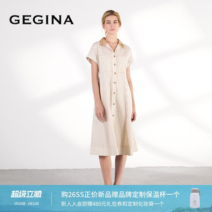 GEGINA吉吉娜2026早春新品高腰条纹连衣裙中长款V领气质时髦裙子