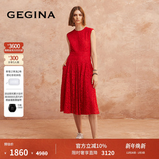 中长款 圆领红色连衣裙显瘦无袖 蕾丝气质裙子 新品 GEGINA吉吉娜夏季
