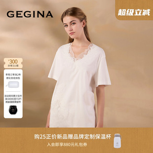 GEGINA吉吉娜2025春夏季 上衣 新品 V领蕾丝拼接T恤纯棉百搭优雅短袖