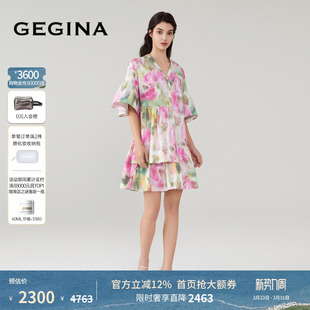 GEGINA吉吉娜女装 春夏晕染印花宽松连衣裙V领不规则娃娃裙子女