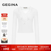 时髦上衣女 蕾丝拼接V领T恤修身 新品 百搭短款 GEGINA吉吉娜秋冬季