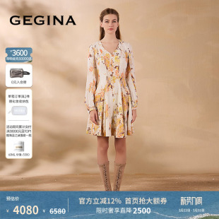 V领长袖 新品 GEGINA吉吉娜春夏季 印花连衣裙高级优雅裙 亚麻
