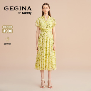 GEGINA吉吉娜新款 黄色碎花连衣裙女中长款 印花 送腰带商场同款