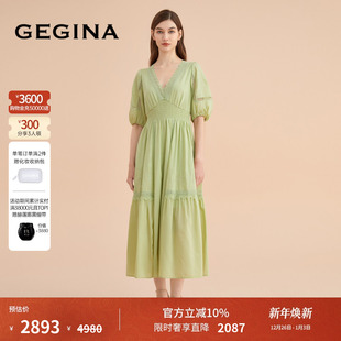 V领收腰A字裙子 GEGINA吉吉娜真丝绣花拼接连衣裙女士长款 蕾丝