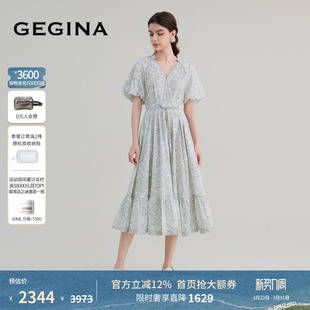 GEGINA吉吉娜女装 V领系带印花连衣裙纯棉轻奢度假 春夏商场同款
