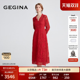 GEGINA吉吉娜红色镂空蕾丝连衣裙长袖 V领高端气质长裙商场同款