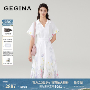 裙子 V领印花连衣裙亚麻收腰中长衬衫 GEGINA吉吉娜女装 春夏新品