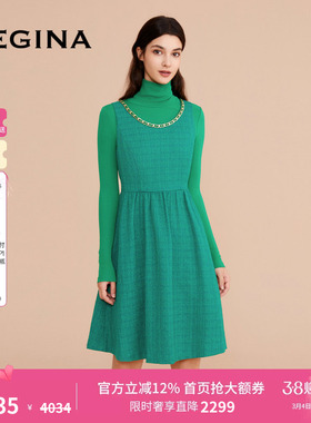 GEGINA吉吉娜新款女士两件套连衣裙长袖深绿色背带高腰裙子