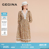 吉吉娜V领碎花Liberty塔那湖棉印花蕾丝拼接中长连衣裙 纯棉