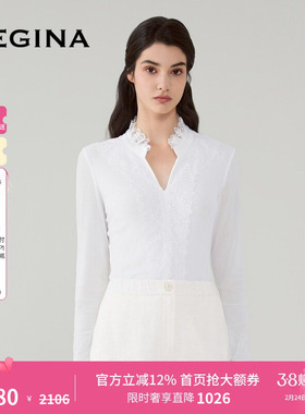 GEGINA吉吉娜女装春夏新品立领蕾丝拼接T恤薄款修身雪纺上衣女