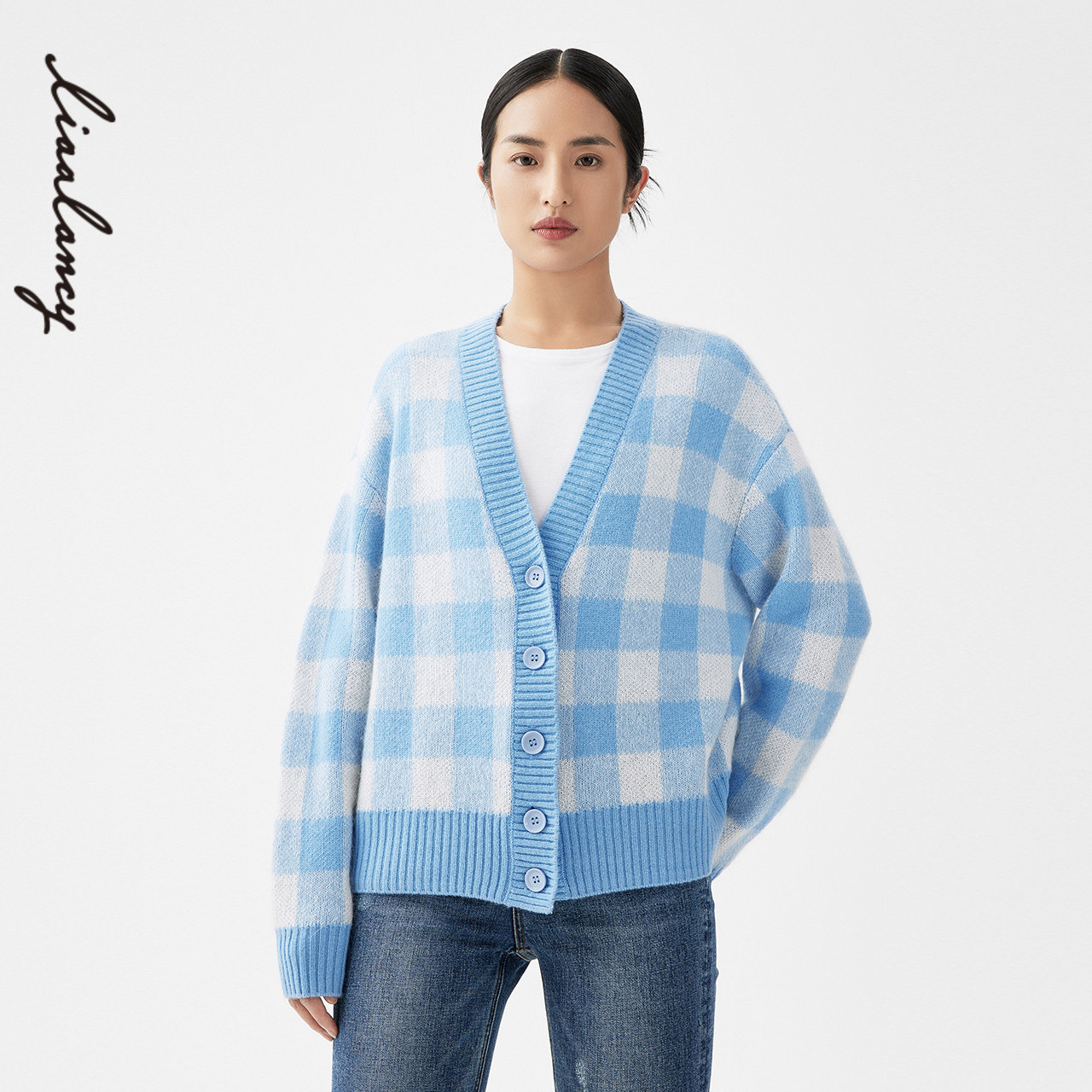 格纹图案 落肩设计 V领领型