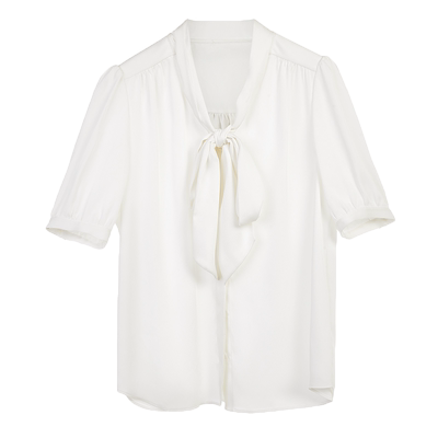 朗姿高级感气质短袖女士法式飘带领衬衫上衣法式别致衬衣夏季新款