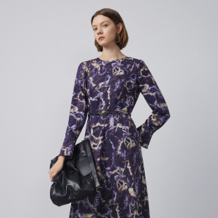 朗姿奥莱 印花连衣裙女中长款 LANCY 新款 收腰显瘦女 朗姿羊毛冬季