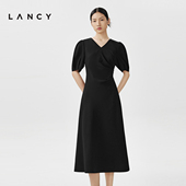 朗姿奥莱 泡泡袖 LANCY 新款 醋酸连衣裙女设计感收腰 朗姿2024春季
