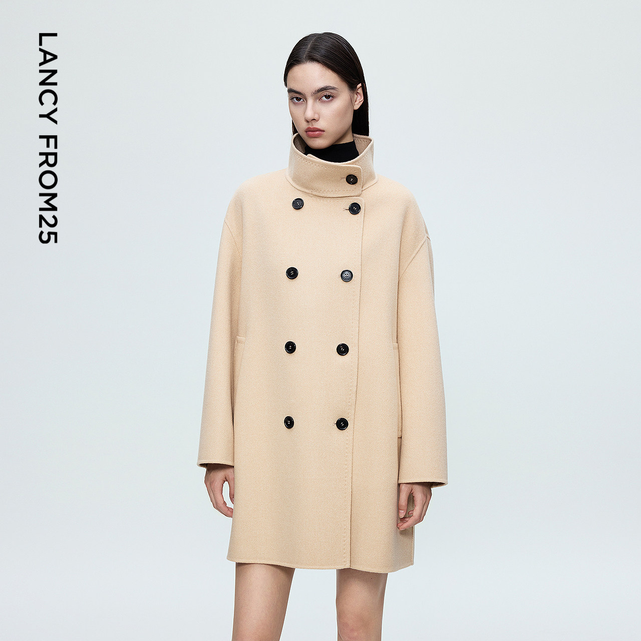 朗姿立领双排扣中长款毛呢外套气质通勤风呢子大衣2025年冬季新款,女装/女士精品,毛呢外套,淘宝优惠券,粉丝福利购,淘宝优惠卷