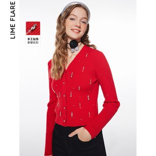 新款 V领钻饰上衣开衫 红色洋气法式 莱茵福莱尔2024春季 短款 针织衫