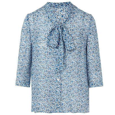 [朗姿奥莱]LANCY/朗姿夏季碎花衬衫女短袖真丝通勤设计感飘带衬衣