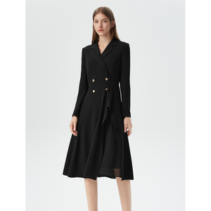 [朗姿奥莱]朗姿法式黑色收腰中长款西装连衣裙女秋季新款职业通勤