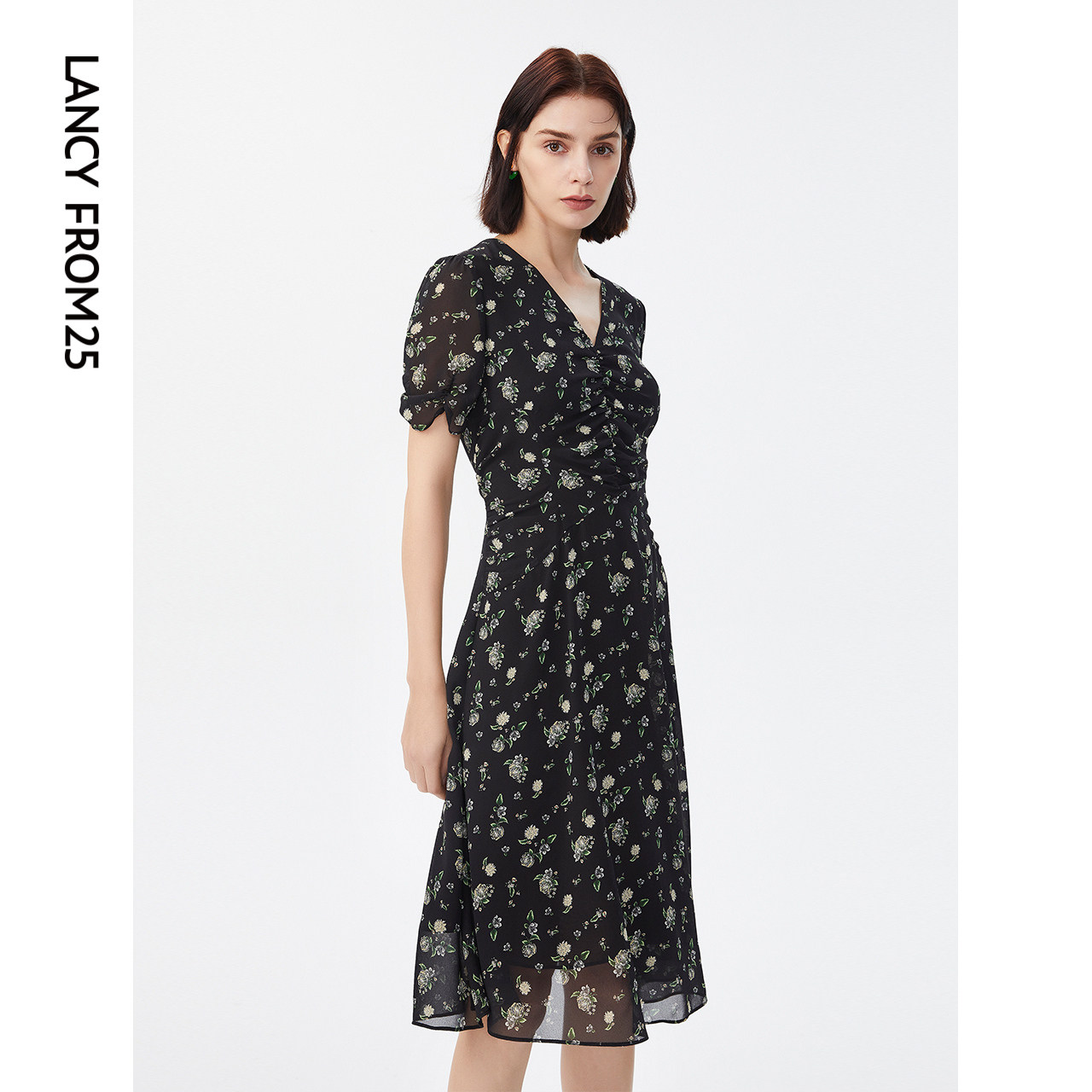 [朗姿奥莱]朗姿法式V领印花碎花雪纺抽褶收腰连衣裙显瘦高级感夏,女装/女士精品,连衣裙,淘宝优惠券,粉丝福利购,淘宝优惠卷