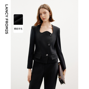 上衣黑色法式 朗姿高级感气质蝴蝶领羊毛西装 短外套202 朗姿奥莱
