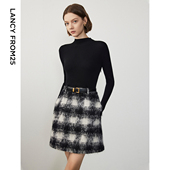 新 针织连衣裙冬季 朗姿奥莱 朗姿半高领复古格纹设计感假两件法式