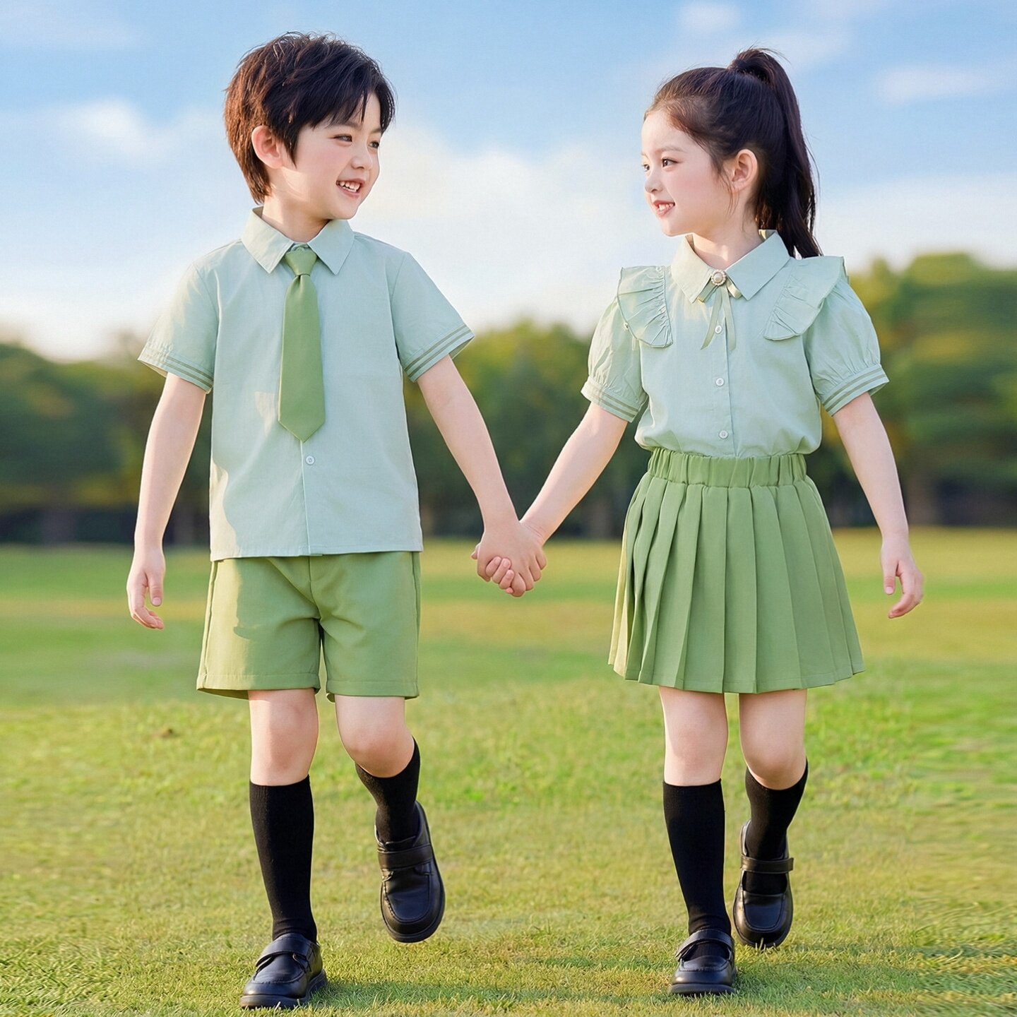 校服套装学院风舞蹈服女童夏款运动会条纹夏装新款合唱一年级粉色
