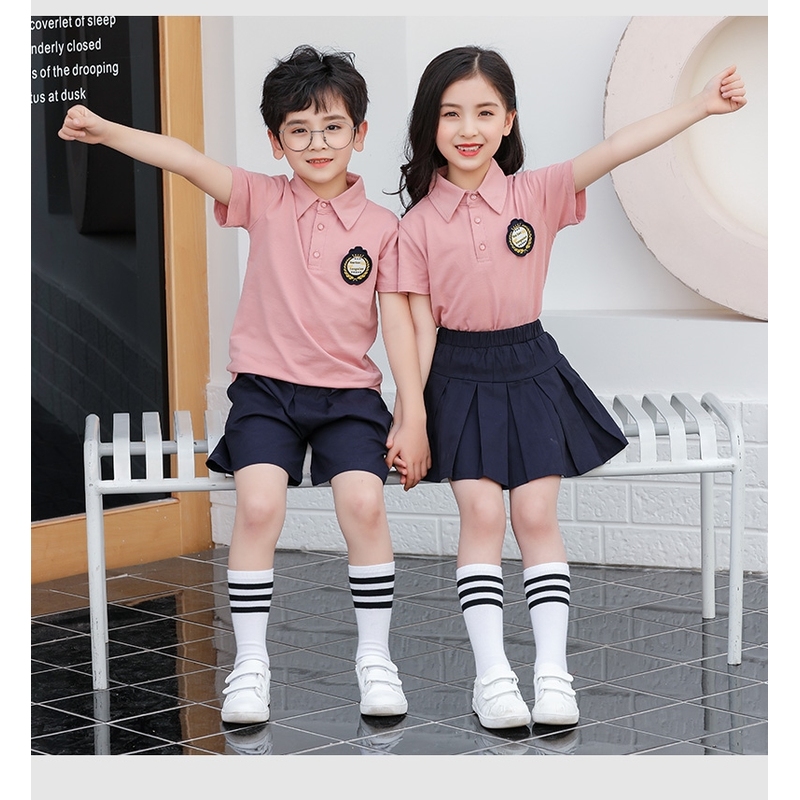 学院风班服中国风薄款拼色白色衬衫女童班棉一年级运动服短裤条纹