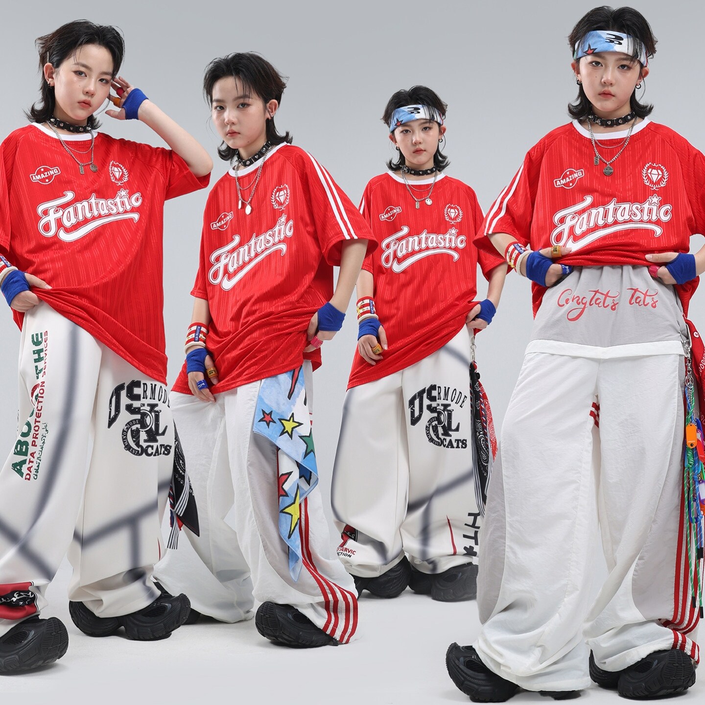 儿童hiphop街舞穿搭短袖表演服条纹红白黑白亮皮少儿男童演出服
