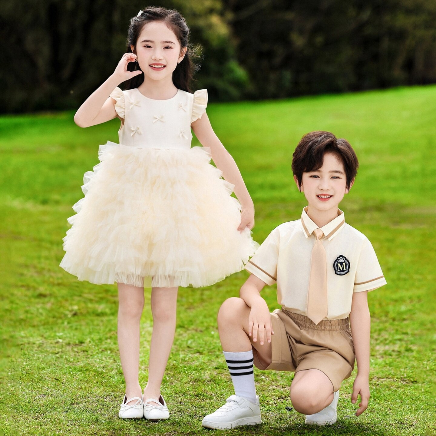 幼儿园新款园服礼服舞蹈服校服海军风演出服条纹短袖合唱班服套装