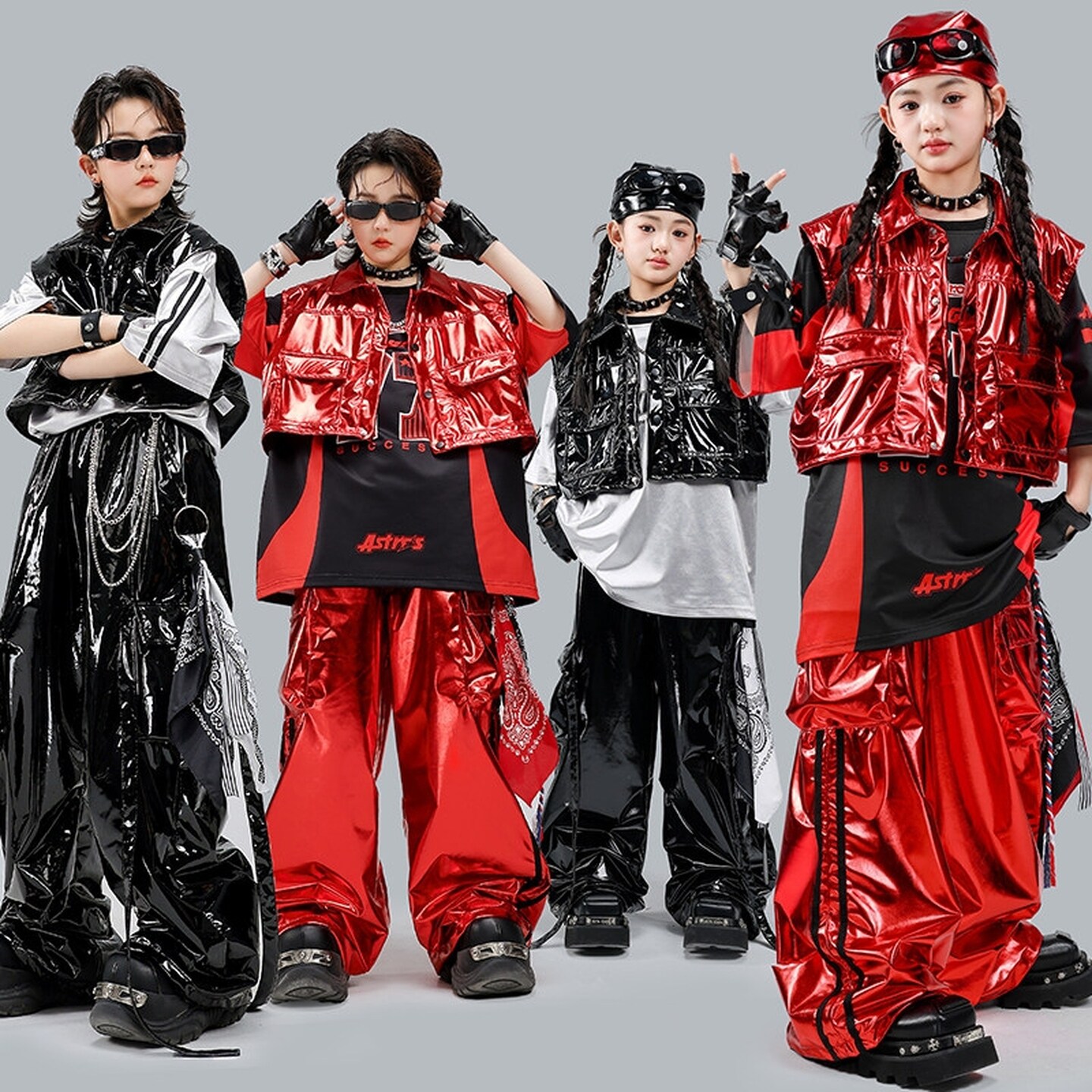 hiphop街舞童装黑蓝男童表演服装套装酷帅条纹红白少儿黑红儿童