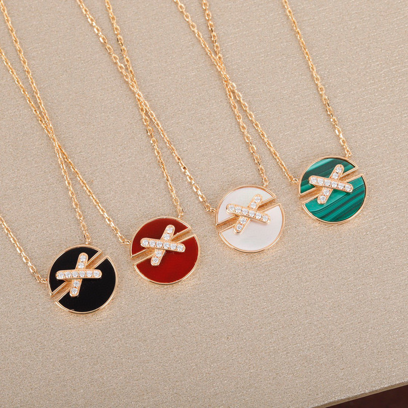 au750玫瑰金美国进口d色莫桑石群镶交叉圆形白贝母项链18k金手链