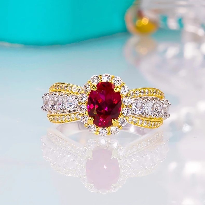 PT950铂金D色莫桑石满钻红宝石戒指黄金椭圆鸽子蛋钻戒女纯银小众