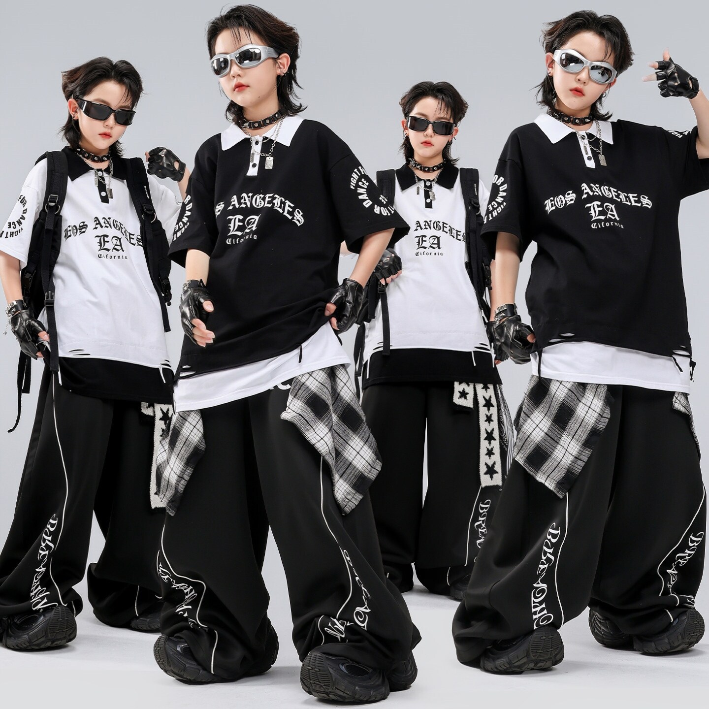 街舞服女童迷彩裤红白国风马甲男童格子童服沙漠风架子鼓字母套装