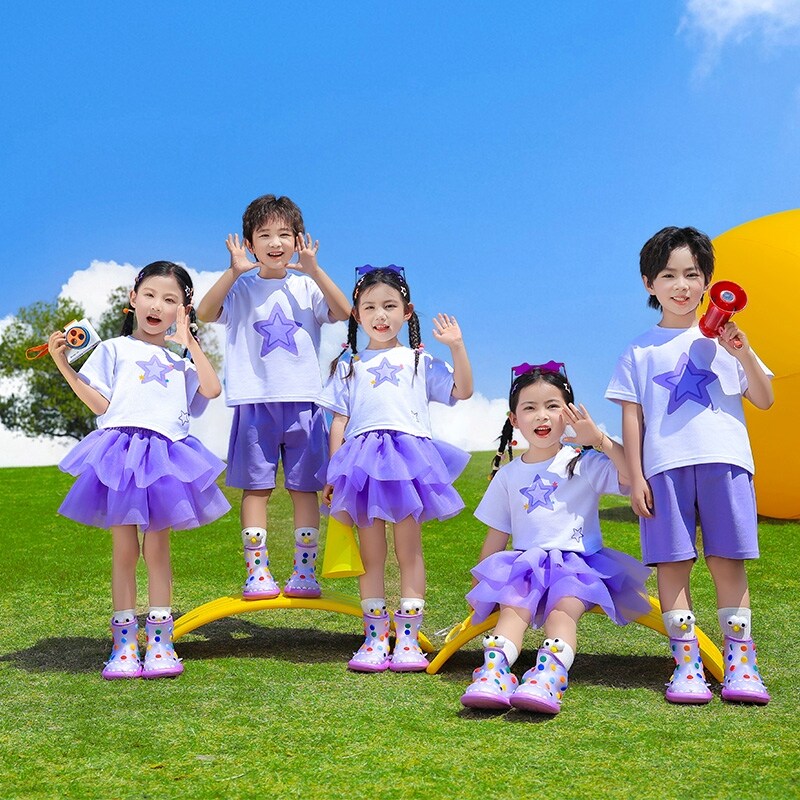 小学生班服背带裤纱裙红色男童短袖衣服童话团体夏季套装唐装衬衫