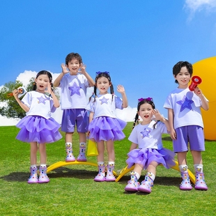 小学生班服背带裤纱裙红色男童短袖衣服童话团体夏季套装唐装衬衫